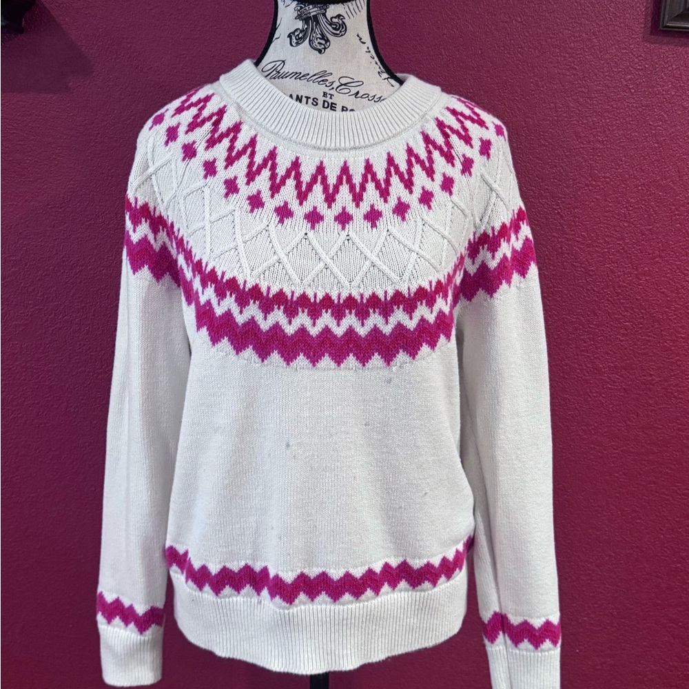 Style & Co. Pink and White Crew Neck Sweater with Nordic Pattern